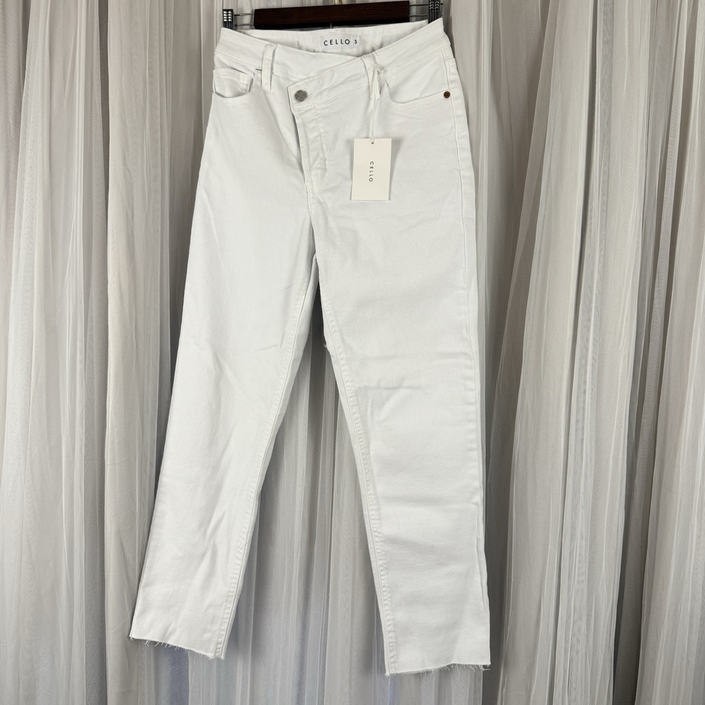 Cello Women's White High Waist Straight Criss Cross‎ Fringe Hem Button Fly NWT